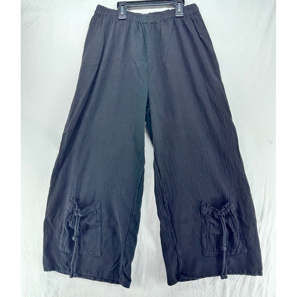 Oh My Gauze Black Cotton Gauze Wide Leg Crop Pants Lagenlook Size 1 S/M